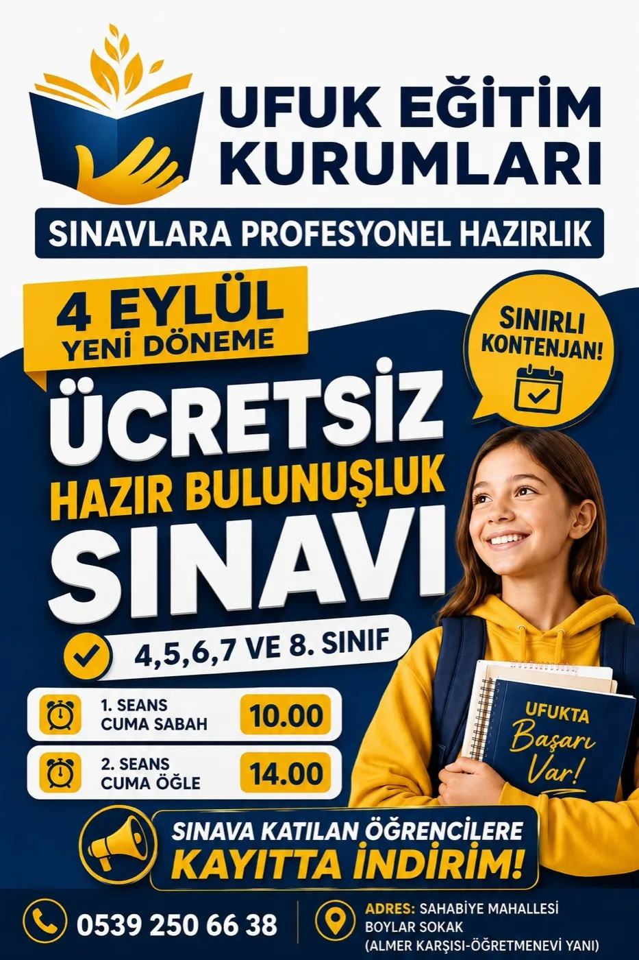 UFUK SEGEM ücretsiz hazır bulunuşluk sınavı broşürü: 4 Eylül yeni döneme, 4-5-6-7 ve 8. sınıflar, 10.00 ve 14.00 seansları